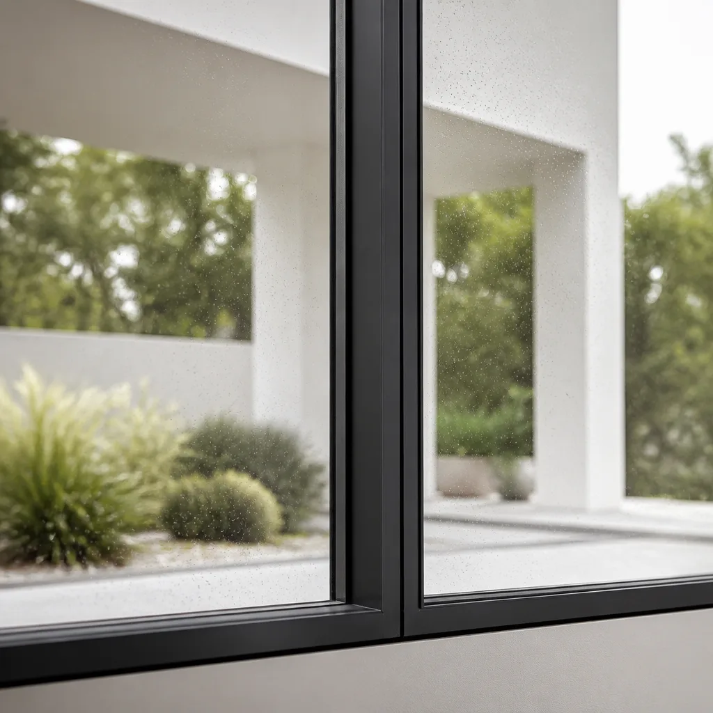Modern black-framed residential windows overlooking a landscaped patio.