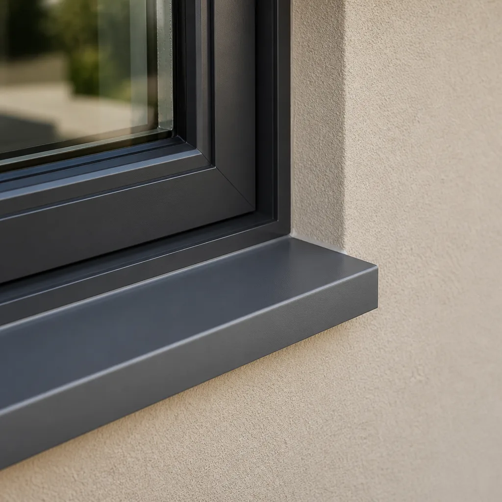 Modern charcoal aluminum window frame installation on textured beige exterior wall